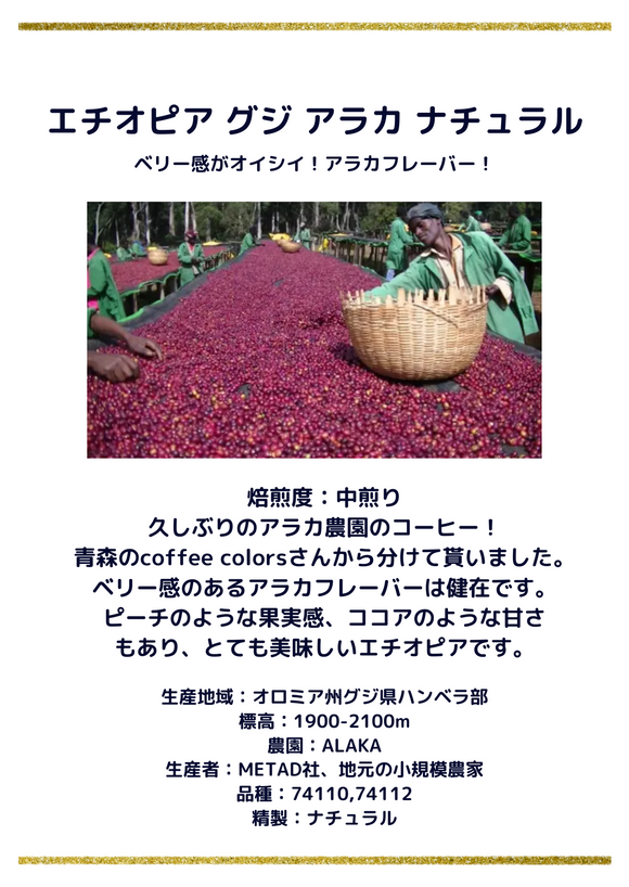 エチオピア アラカ ナチュラル 中浅煎り100g